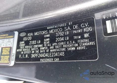 2020 Kia Forte Lxs from USA, damaged, VIN 3KPF24AD4LE234148